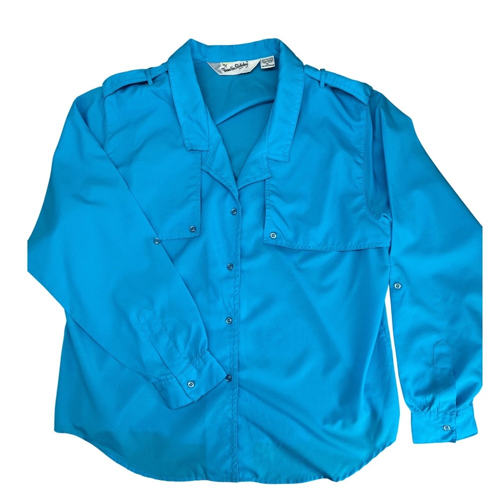 Diane Von Furstenberg Button Up Shirt Women 16 Blue Safari Epaulettes‎ Vintage